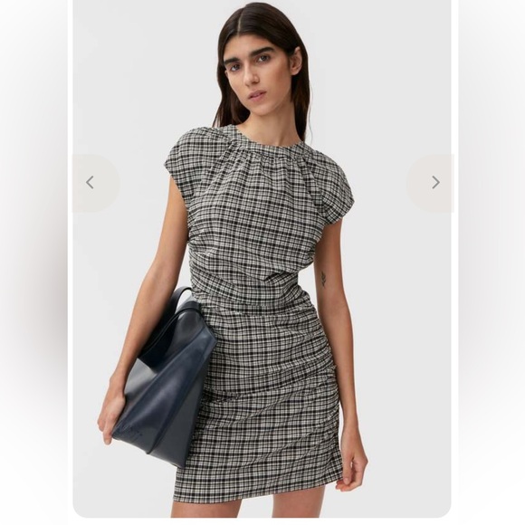 Ganni Ruched Seersucker Mini Dress In Plaid Print SZ 38/6 212 - Picture 9 of 11